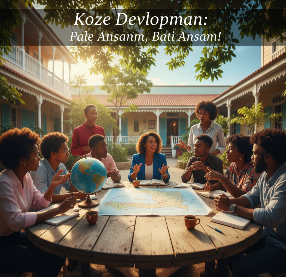 A group of diverse individuals engaged in discussion, possibly with a map or globe in the background, symbolizing development and community building. The scene should feel collaborative and hopeful.